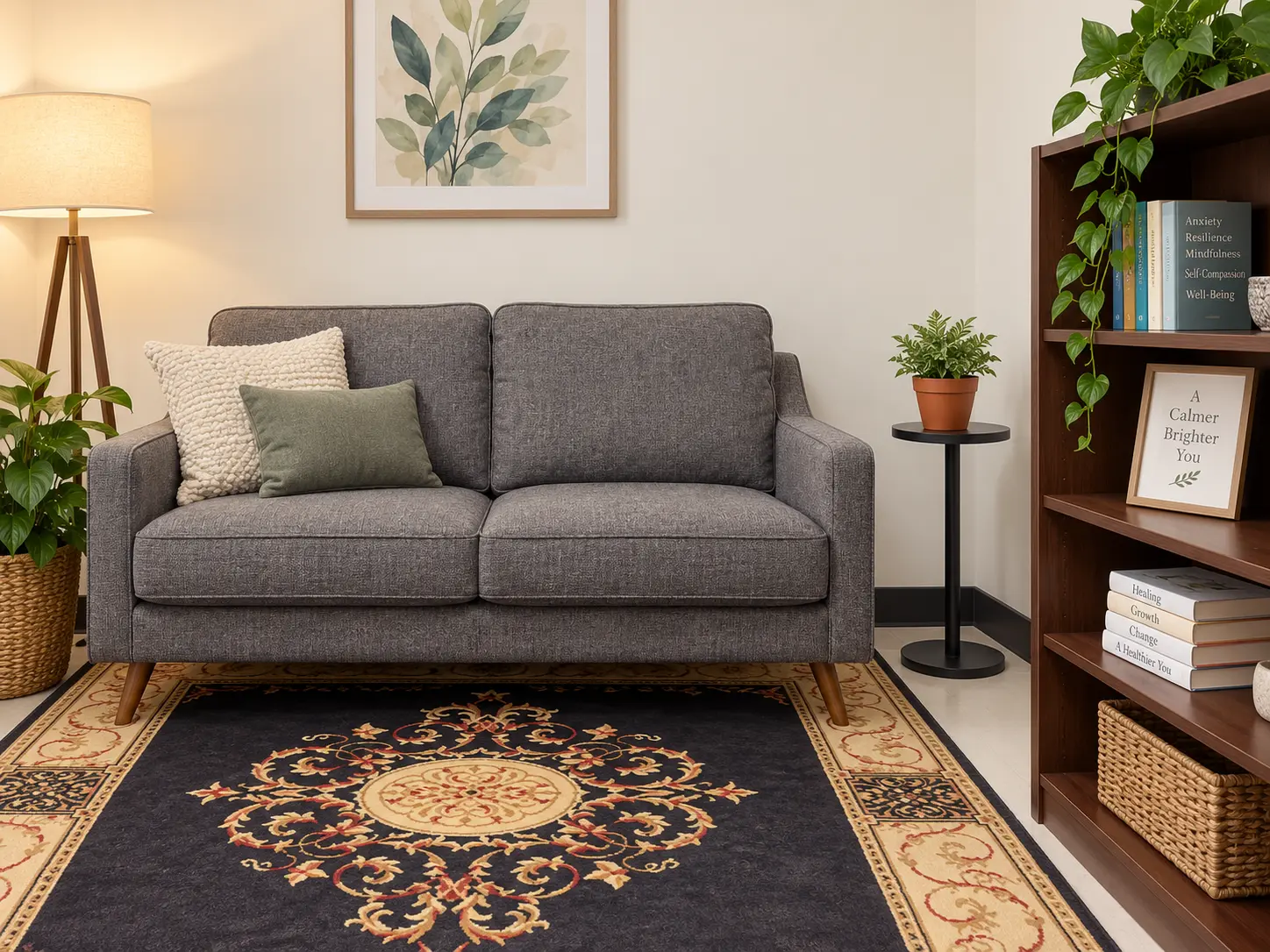 Therapy room seating area with a sofa, lamp, and bookshelf