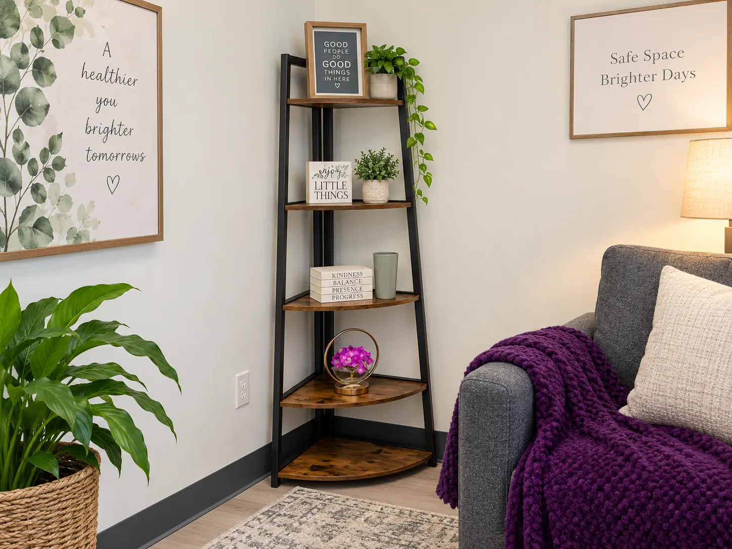 Quiet corner with a shelf of plants, books, and calming wall art