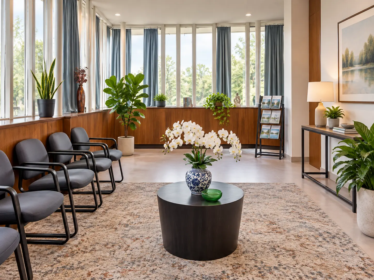 Bright waiting area with seating, plants, and large windows