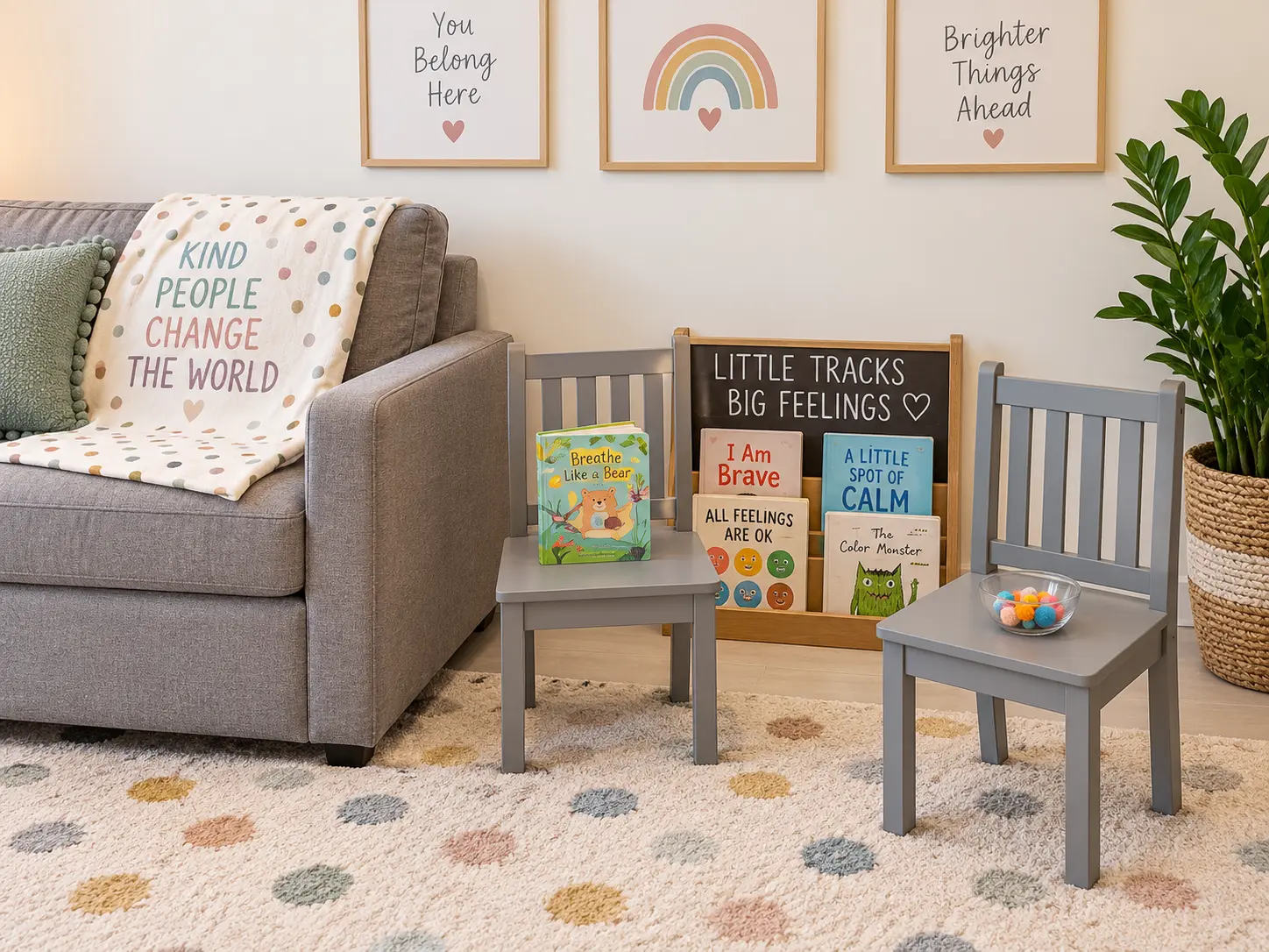 Child-friendly corner with small chairs, picture books, and cheerful wall art